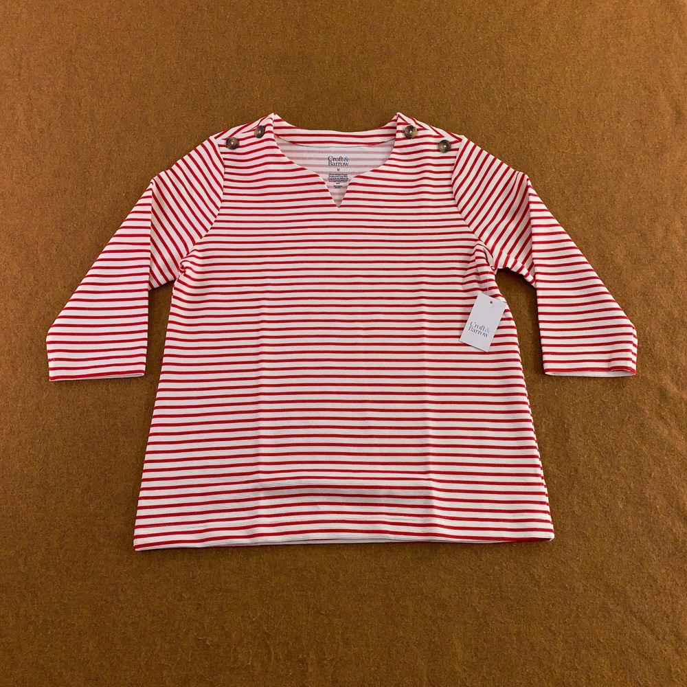 Croft & Barrow Womens Medium Red White Striped Button 3/4 Sleeve Knit Top NWT